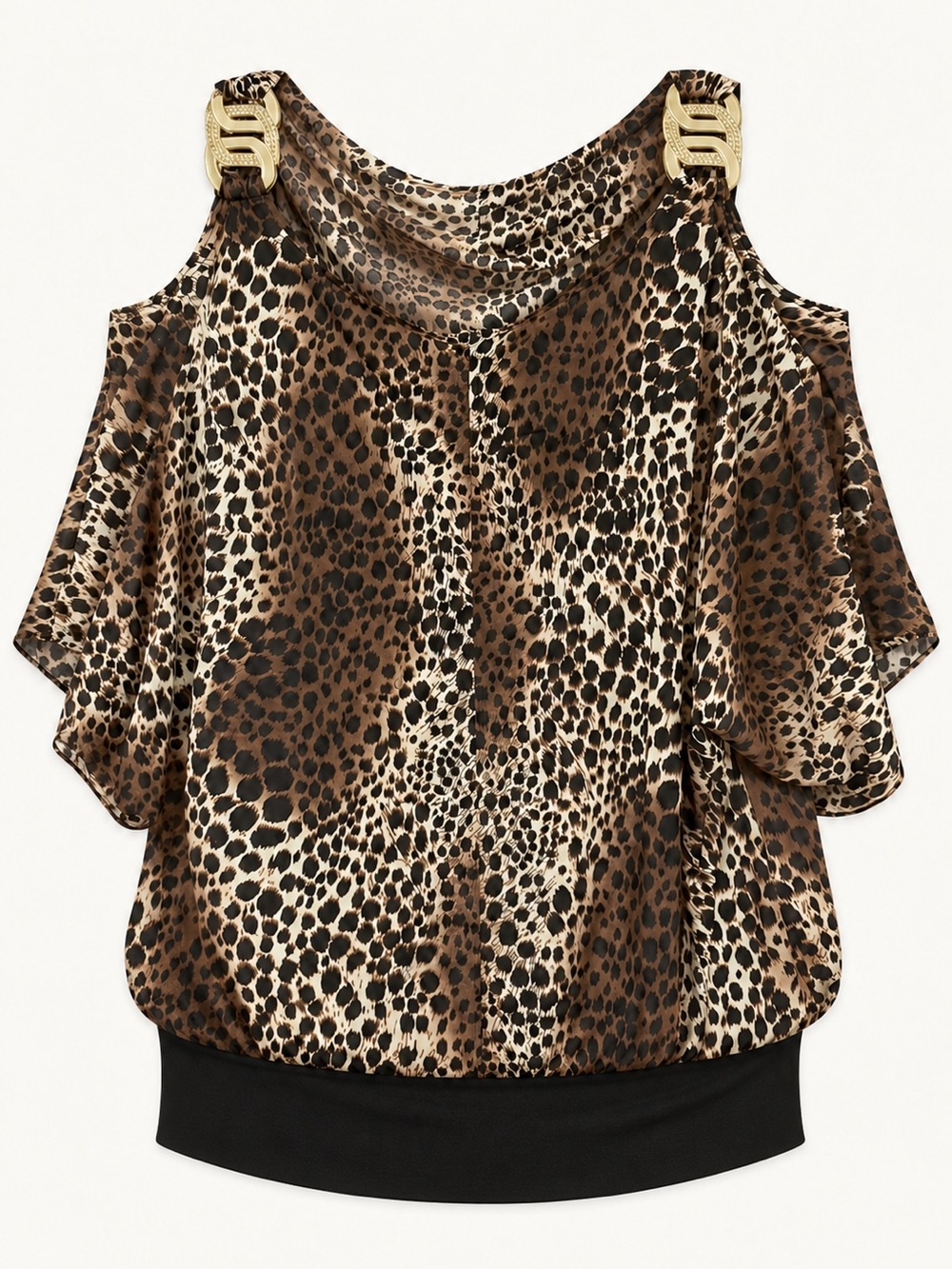 Leopard Print Cold-Shoulder Top with Gold Accent